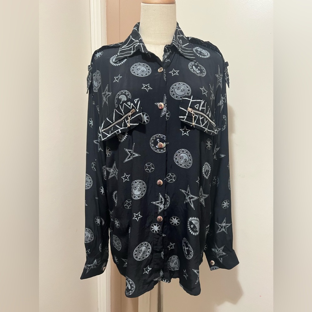 Dina Bar-el  blouse Mystic Symbols Print Long Sleeve Size M Button Front.